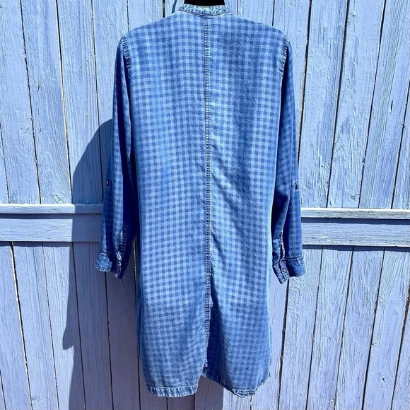 J Jill Blue Denim Check Dress Womens M Plaid Long Sleeve Button Up Distress Boho - Picture 4 of 13